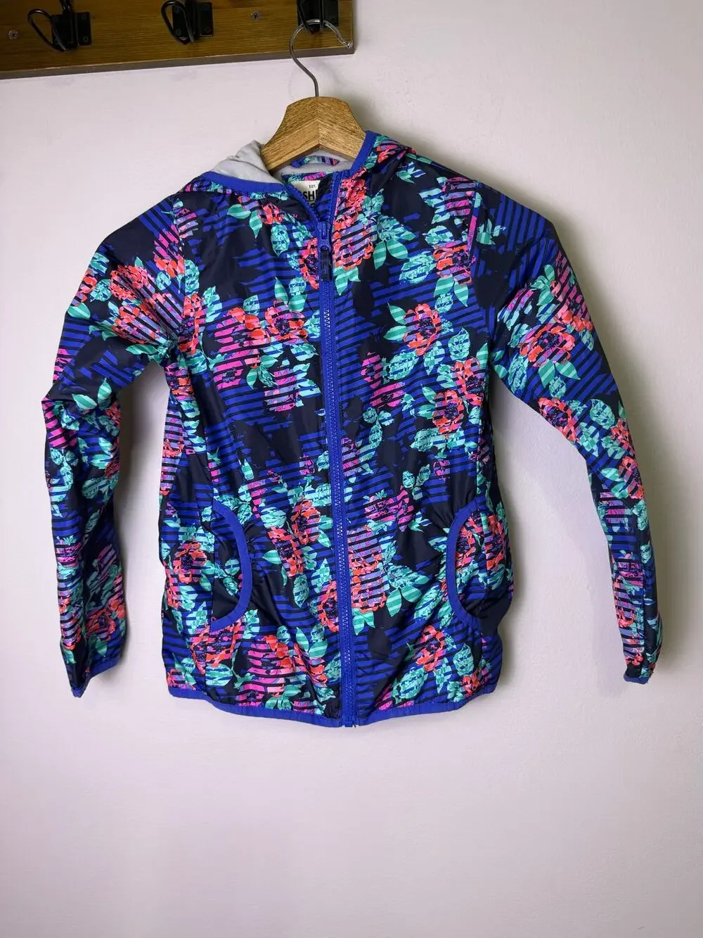 OshKosh B’gosh Girls Size 8 Floral Windbreaker Hooded Jacket 90s Blue